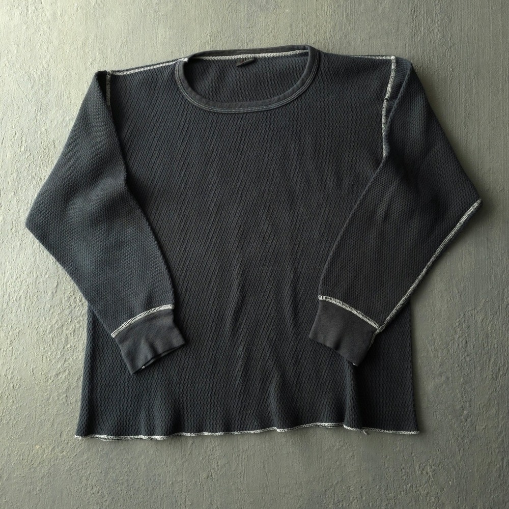 Vintage 70s Jockey Black Waffle Knit Thermal T-shirt XL USA Made Hand Dyed
